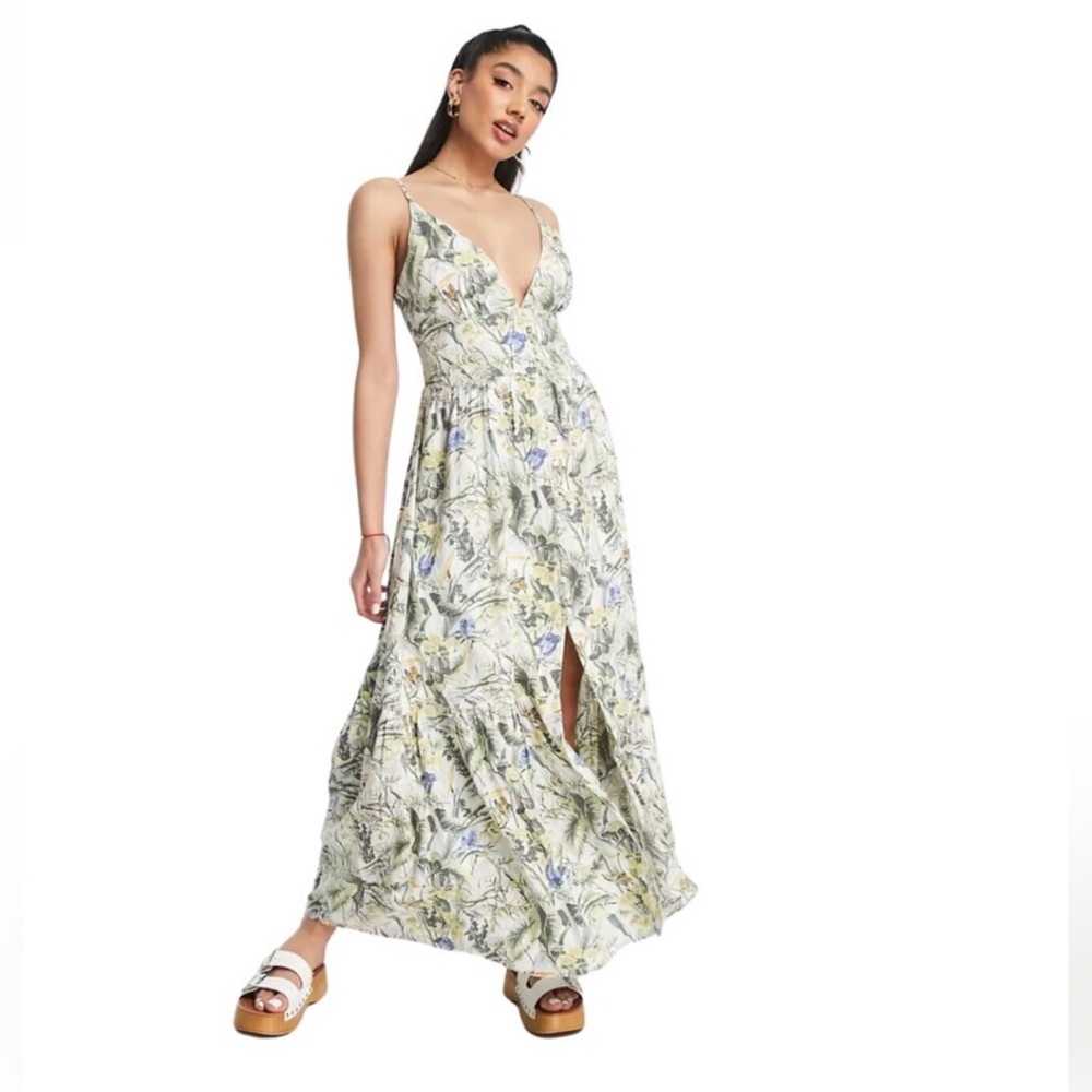 Floral Plunge Maxi Dress with Front Slit - White/Green